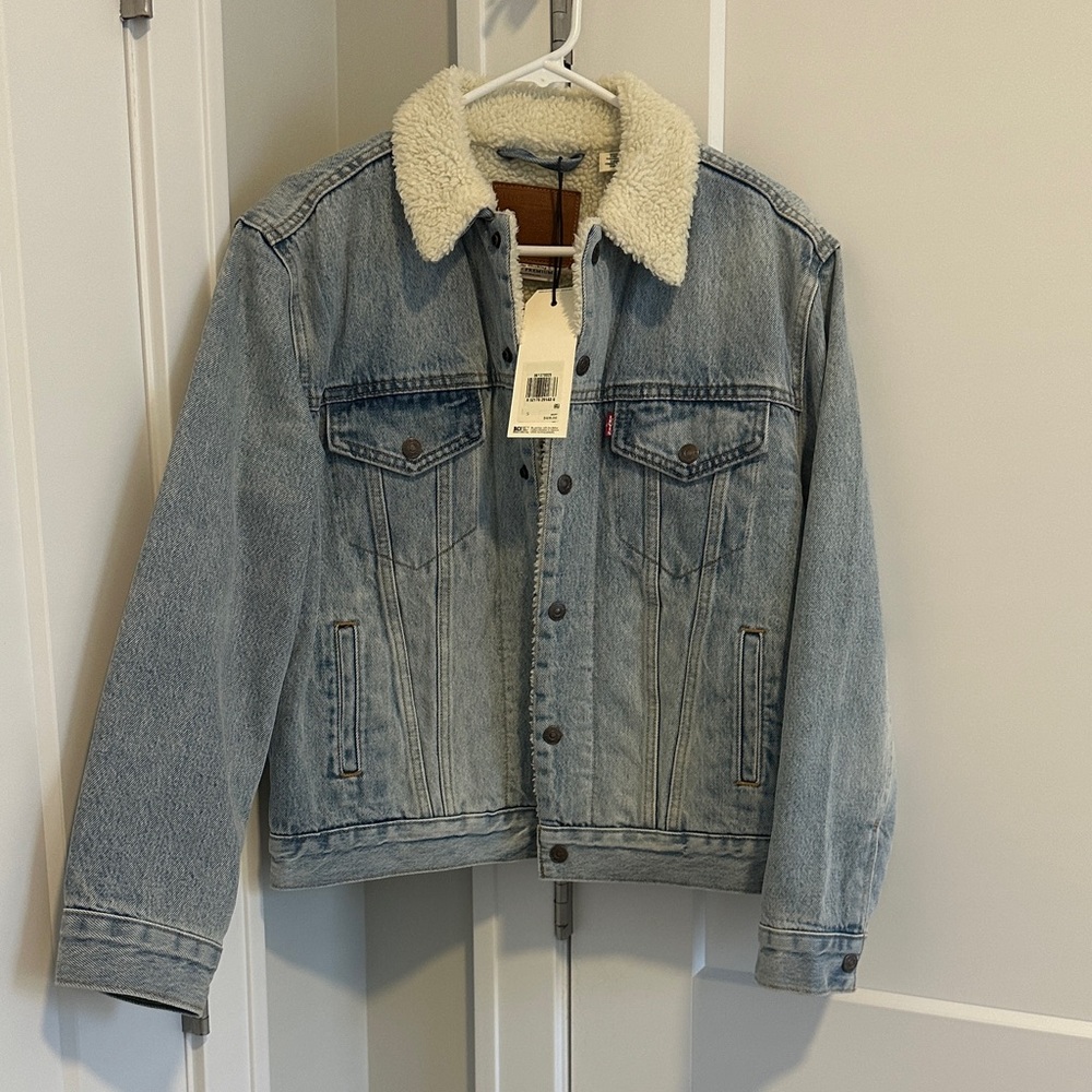 Levi's Kids Light Blue Denim Jacket with Cream Sherpa Collar